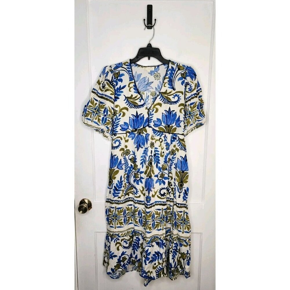 Anthropologie Fig And Flower Boho Woven Dress 3/4 Sleeve Sz M Floral Linen New